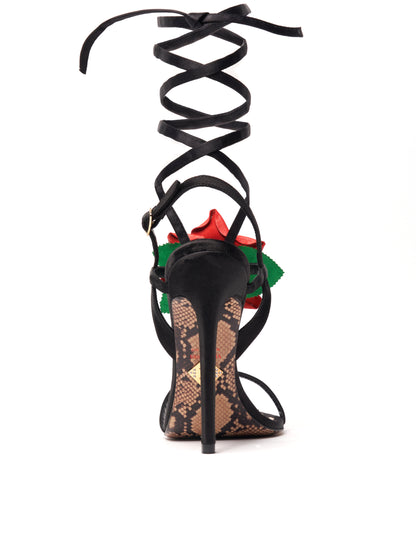 SATIN BLACK ROSE EMBELISHED ANGELINA SANDAL