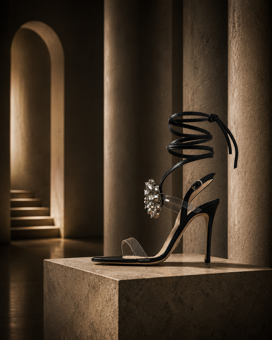 Black Leather Cristallo Sandal